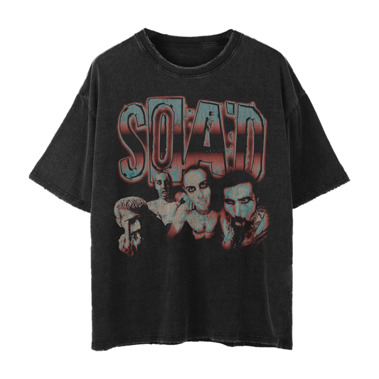 A premium unisex mineral washed black t-shirt with a vintage photo of the band printed on the front.